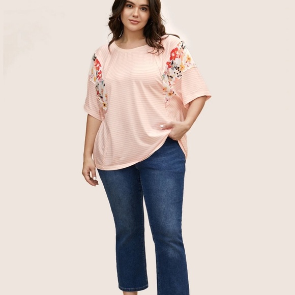 BloomChic Plus Size 3XL Crew Neck Striped Patchwork Floral Print T-shirt us22 - Picture 6 of 7